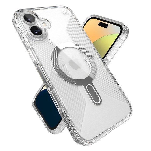 Speck Presidio Perfect-Clear Grip ClickLock & MagSafe – dėklas, skirtas iPhone 16 Plus (skaidrus / chromo apdaila / ramus sidabras)