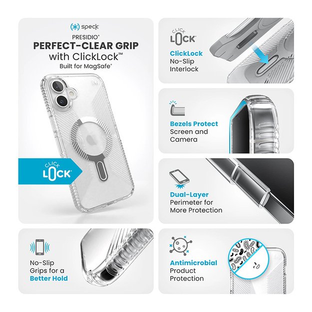 Speck Presidio Perfect-Clear Grip ClickLock & MagSafe – dėklas, skirtas iPhone 16 Plus (skaidrus / chromo apdaila / ramus sidabras)