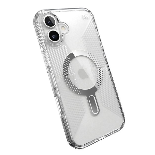 Speck Presidio Perfect-Clear Grip ClickLock & MagSafe – dėklas, skirtas iPhone 16 Plus (skaidrus / chromo apdaila / ramus sidabras)