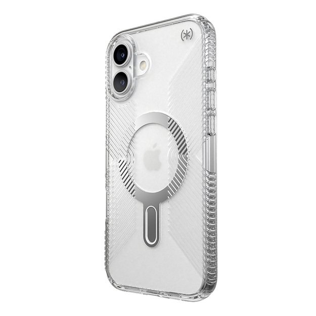 Speck Presidio Perfect-Clear Grip ClickLock & MagSafe – dėklas, skirtas iPhone 16 Plus (skaidrus / chromo apdaila / ramus sidabras)