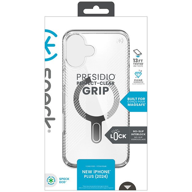 Speck Presidio Perfect-Clear Grip ClickLock & MagSafe – dėklas, skirtas iPhone 16 Plus (skaidrus / chromo apdaila / ramus sidabras)