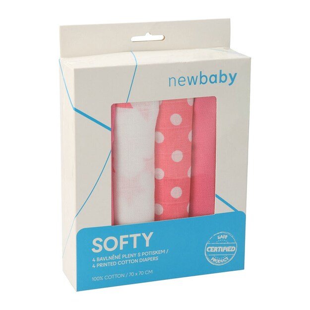 Naujos Baby Softy margintos medvilninės sauskelnės 70 x 70 cm 4 vnt rožinės ir baltos spalvos