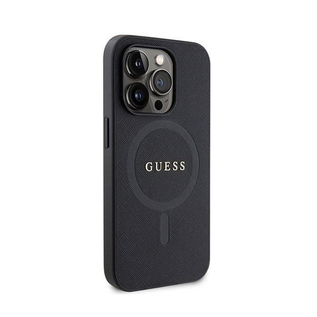 Guess Saffiano MagSafe – iPhone 15 Pro Max dėklas (juodas)