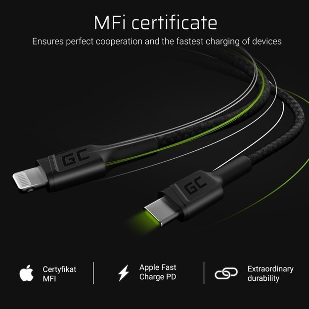 GC Power Stream USB-C laidas – žaibas 100 cm su maitinimo tiekimu („Apple MFi“ sertifikatas)