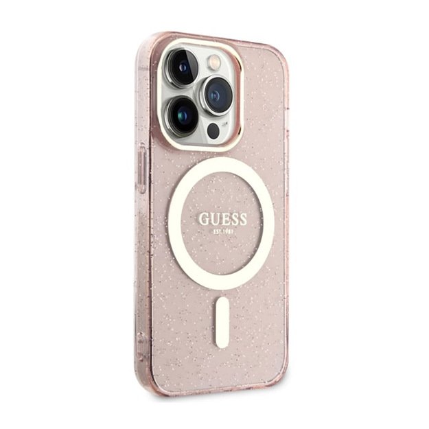 Guess Glitter Gold MagSafe – dėklas, skirtas iPhone 14 Pro Max (rožinis)