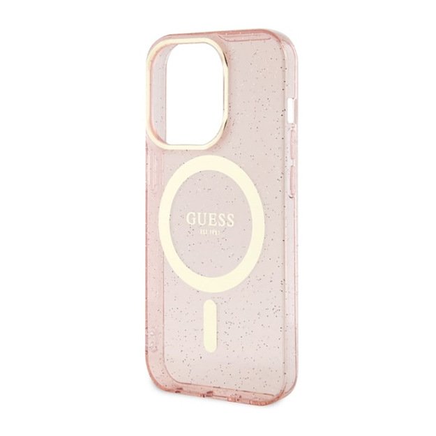 Guess Glitter Gold MagSafe – dėklas, skirtas iPhone 14 Pro Max (rožinis)