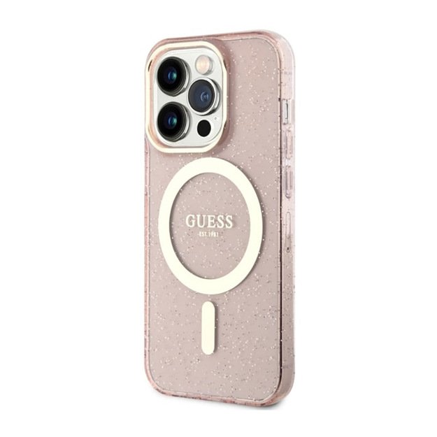 Guess Glitter Gold MagSafe – dėklas, skirtas iPhone 14 Pro Max (rožinis)