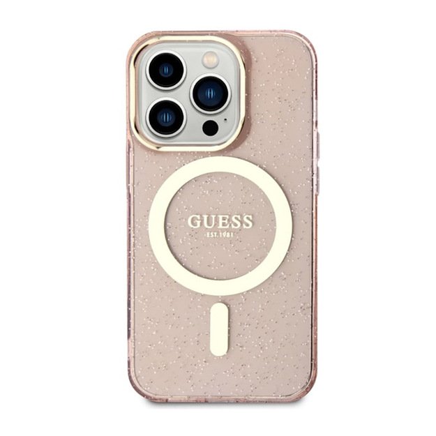 Guess Glitter Gold MagSafe – dėklas, skirtas iPhone 14 Pro Max (rožinis)