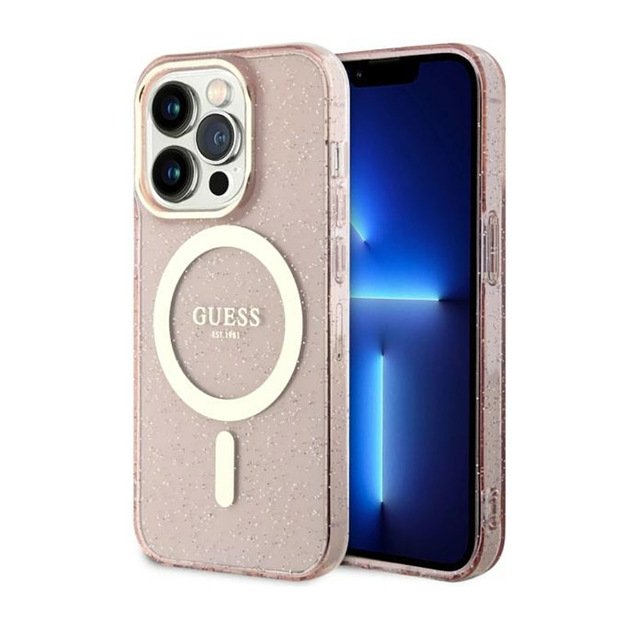 Guess Glitter Gold MagSafe – dėklas, skirtas iPhone 14 Pro Max (rožinis)