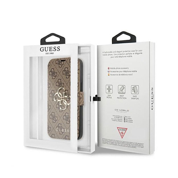 Guess Booktype 4G didelis metalinis logotipas – iPhone 13 Pro Max dėklas (rudas)