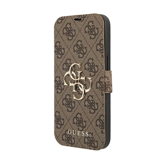 Guess Booktype 4G didelis metalinis logotipas – iPhone 13 Pro Max dėklas (rudas)