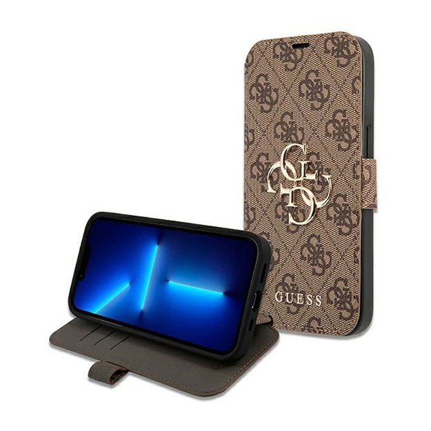 Guess Booktype 4G didelis metalinis logotipas – iPhone 13 Pro Max dėklas (rudas)