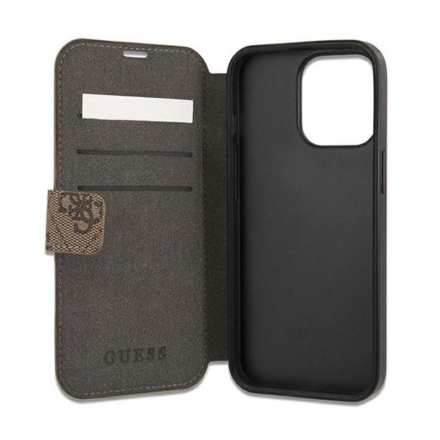 Guess Booktype 4G didelis metalinis logotipas – iPhone 13 Pro Max dėklas (rudas)
