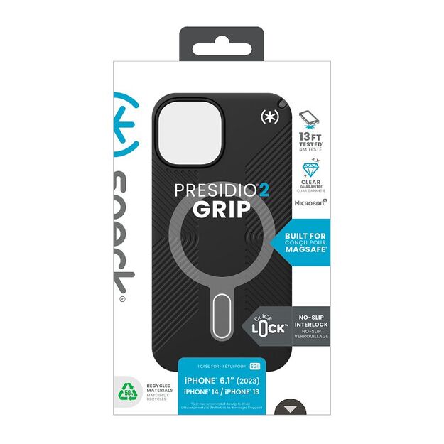 Speck Presidio2 Grip ClickLock & MagSafe – dėklas iPhone 16e / iPhone 15 / iPhone 14 / iPhone 13 (juodas)