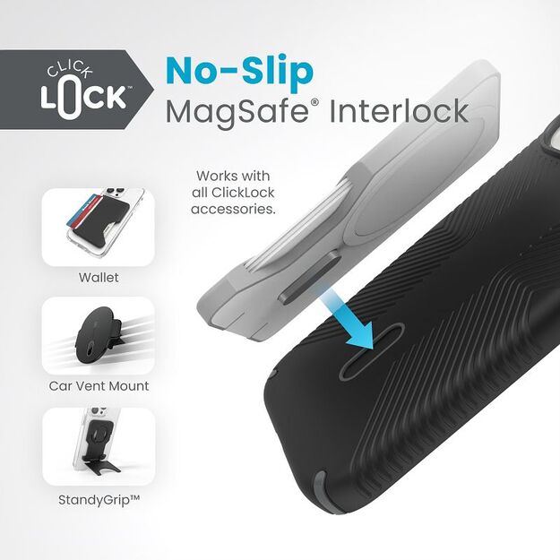 Speck Presidio2 Grip ClickLock & MagSafe – dėklas iPhone 16e / iPhone 15 / iPhone 14 / iPhone 13 (juodas)