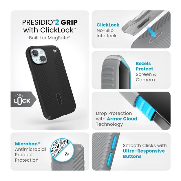 Speck Presidio2 Grip ClickLock & MagSafe – dėklas iPhone 16e / iPhone 15 / iPhone 14 / iPhone 13 (juodas)