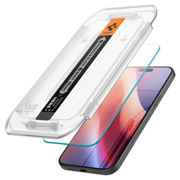 „Spigen GLAS.TR EZ FIT Privacy“ grūdintas stiklas su privatumo filtru, skirtas „iPhone 16 Pro“.