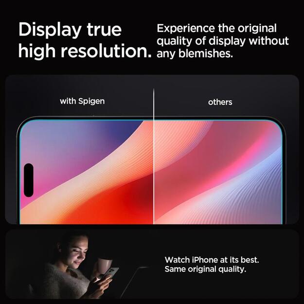 „Spigen GLAS.TR EZ FIT Privacy“ grūdintas stiklas su privatumo filtru, skirtas „iPhone 16 Pro“.