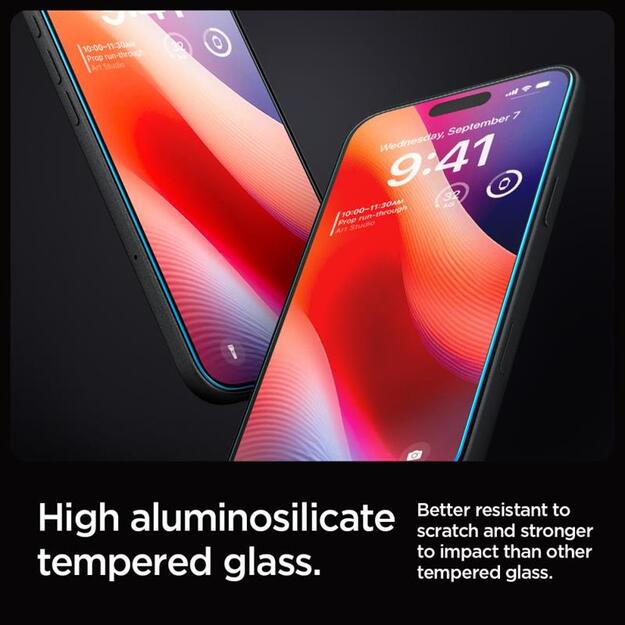 „Spigen GLAS.TR EZ FIT Privacy“ grūdintas stiklas su privatumo filtru, skirtas „iPhone 16 Pro“.