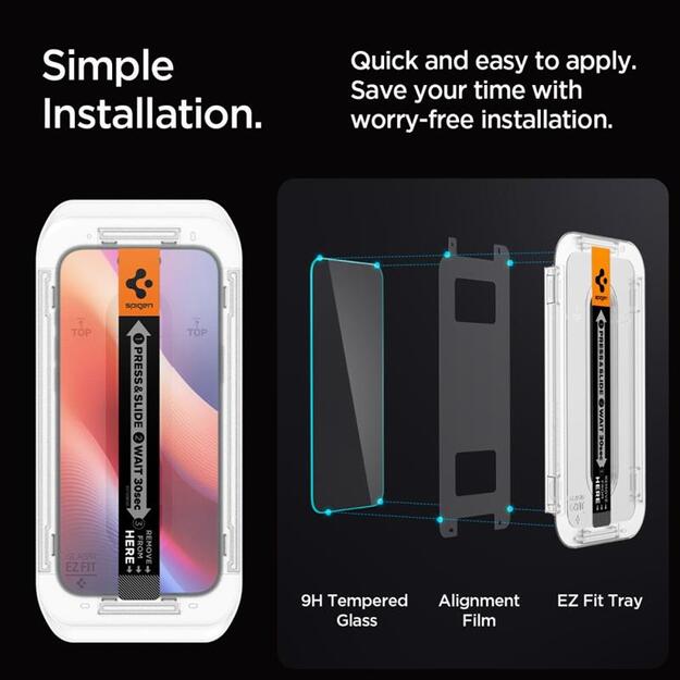 „Spigen GLAS.TR EZ FIT Privacy“ grūdintas stiklas su privatumo filtru, skirtas „iPhone 16 Pro“.