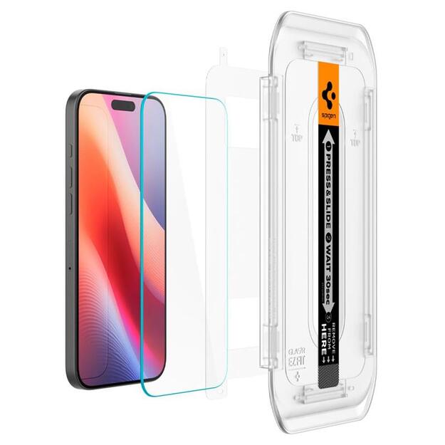 „Spigen GLAS.TR EZ FIT Privacy“ grūdintas stiklas su privatumo filtru, skirtas „iPhone 16 Pro“.