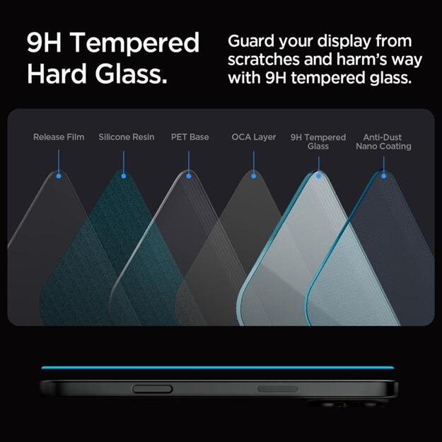 „Spigen GLAS.TR EZ FIT Privacy“ grūdintas stiklas su privatumo filtru, skirtas „iPhone 16 Pro“.
