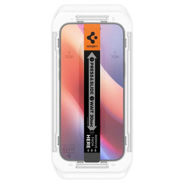 „Spigen GLAS.TR EZ FIT Privacy“ grūdintas stiklas su privatumo filtru, skirtas „iPhone 16 Pro“.