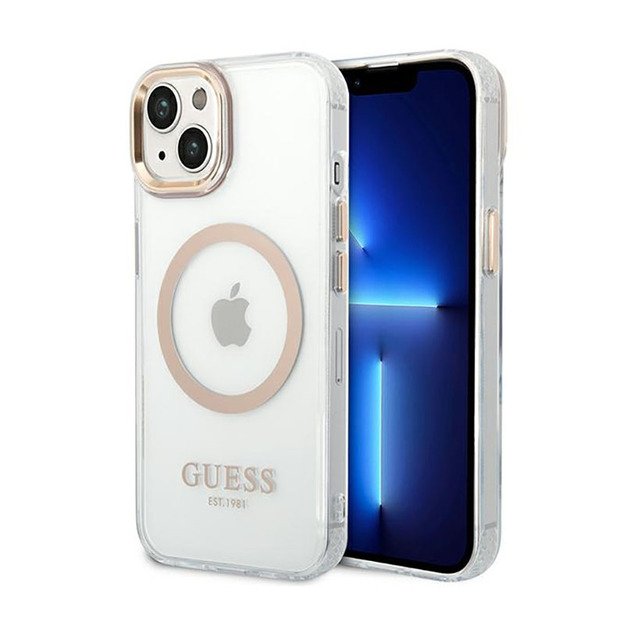„Guess Metal Outline MagSafe“ dėklas, skirtas „iPhone 14 Plus“ (skaidrus)