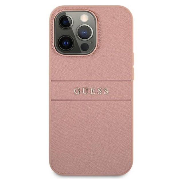 „Guess Saffiano Mteal Logo Stripes“ dėklas, skirtas „iPhone 13 Pro Max“ (rožinis)
