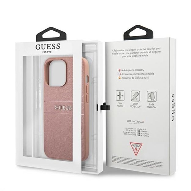 „Guess Saffiano Mteal Logo Stripes“ dėklas, skirtas „iPhone 13 Pro Max“ (rožinis)