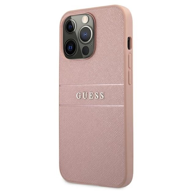 „Guess Saffiano Mteal Logo Stripes“ dėklas, skirtas „iPhone 13 Pro Max“ (rožinis)