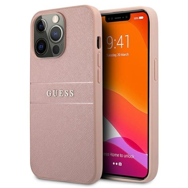 „Guess Saffiano Mteal Logo Stripes“ dėklas, skirtas „iPhone 13 Pro Max“ (rožinis)