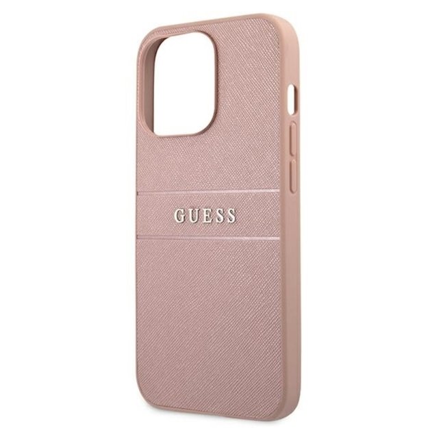 „Guess Saffiano Mteal Logo Stripes“ dėklas, skirtas „iPhone 13 Pro Max“ (rožinis)