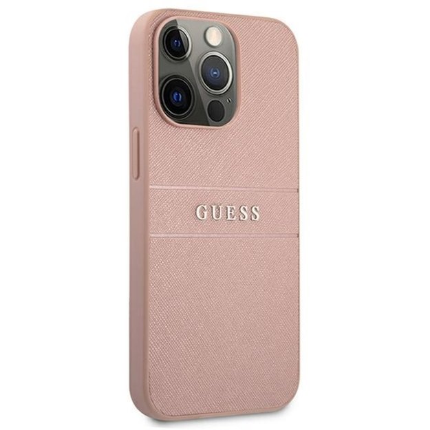 „Guess Saffiano Mteal Logo Stripes“ dėklas, skirtas „iPhone 13 Pro Max“ (rožinis)