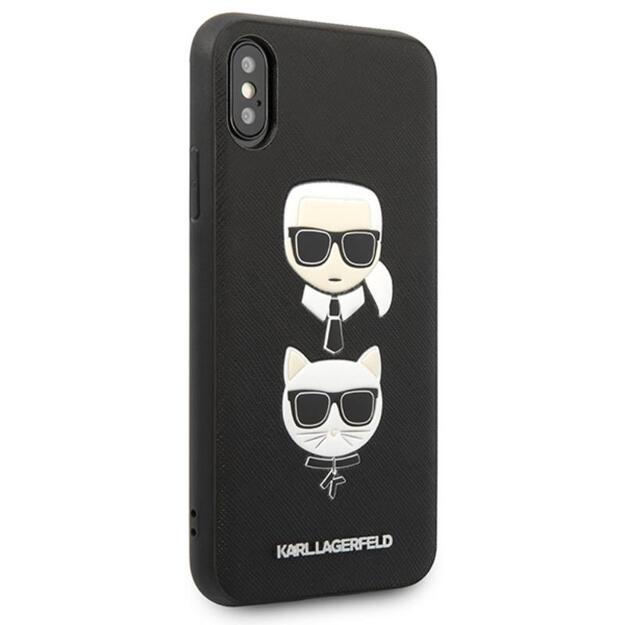 Karl Lagerfeld Saffiano Karl & Choupette Heads dėklas, skirtas iPhone Xs / X (juodas)