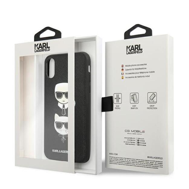 Karl Lagerfeld Saffiano Karl & Choupette Heads dėklas, skirtas iPhone Xs / X (juodas)