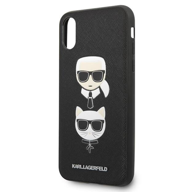 Karl Lagerfeld Saffiano Karl & Choupette Heads dėklas, skirtas iPhone Xs / X (juodas)