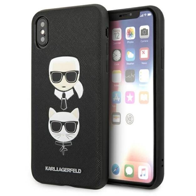 Karl Lagerfeld Saffiano Karl & Choupette Heads dėklas, skirtas iPhone Xs / X (juodas)