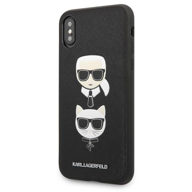 Karl Lagerfeld Saffiano Karl & Choupette Heads dėklas, skirtas iPhone Xs / X (juodas)