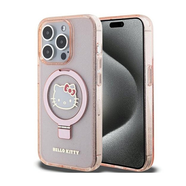 „Hello Kitty“ žiedo stovas su blizgučiais ir elektroforezės logotipu – „iPhone 15 Pro“ dėklas (rožinis)