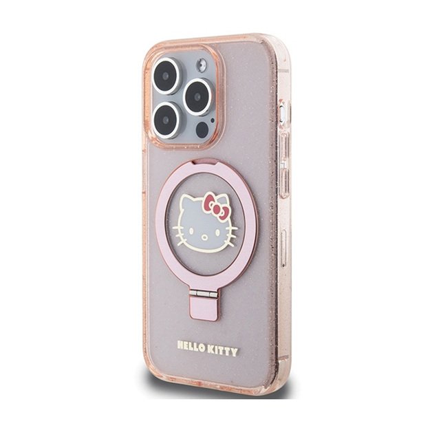 „Hello Kitty“ žiedo stovas su blizgučiais ir elektroforezės logotipu – „iPhone 15 Pro“ dėklas (rožinis)