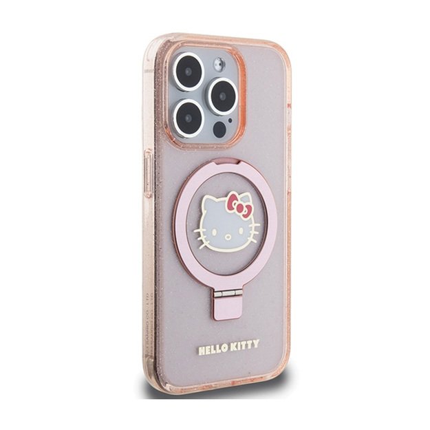 „Hello Kitty“ žiedo stovas su blizgučiais ir elektroforezės logotipu – „iPhone 15 Pro“ dėklas (rožinis)
