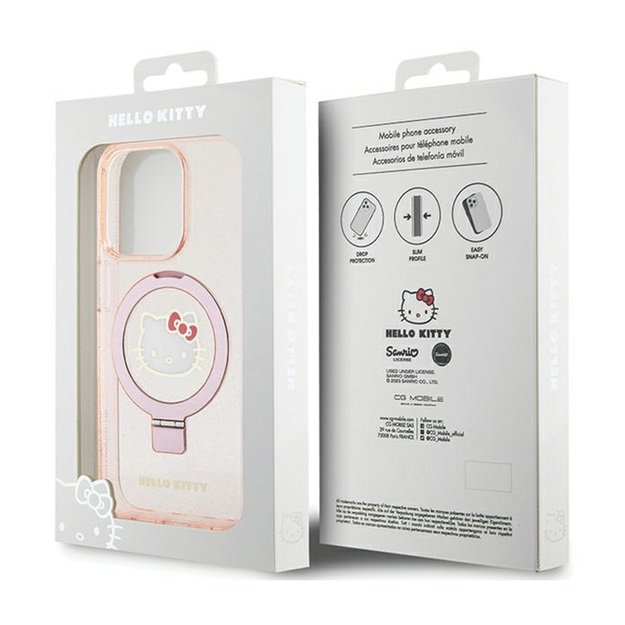 „Hello Kitty“ žiedo stovas su blizgučiais ir elektroforezės logotipu – „iPhone 15 Pro“ dėklas (rožinis)