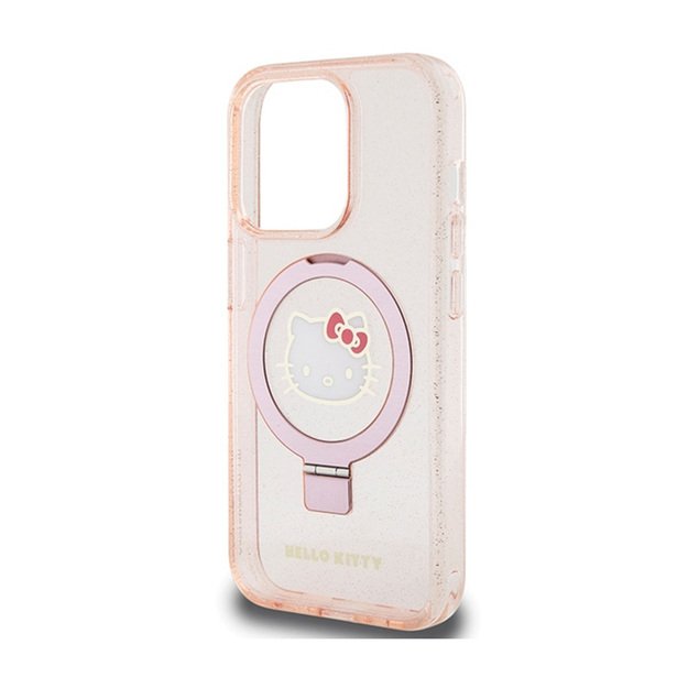 „Hello Kitty“ žiedo stovas su blizgučiais ir elektroforezės logotipu – „iPhone 15 Pro“ dėklas (rožinis)