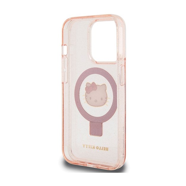 „Hello Kitty“ žiedo stovas su blizgučiais ir elektroforezės logotipu – „iPhone 15 Pro“ dėklas (rožinis)