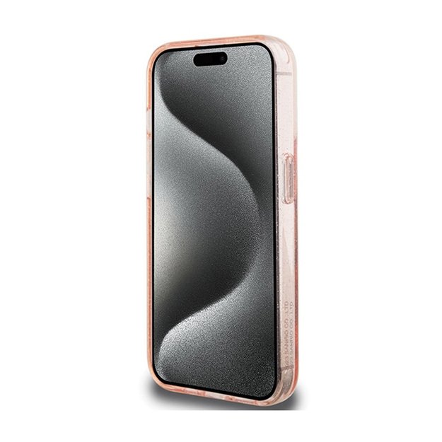„Hello Kitty“ žiedo stovas su blizgučiais ir elektroforezės logotipu – „iPhone 15 Pro“ dėklas (rožinis)