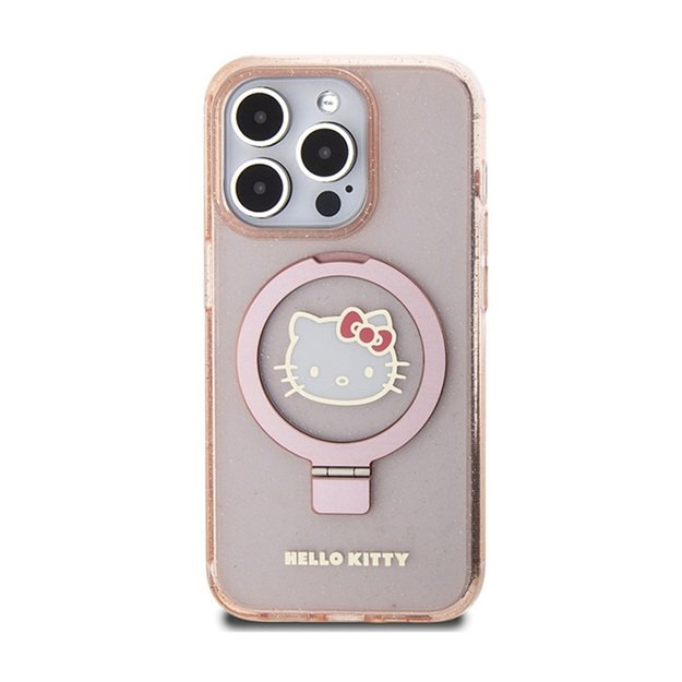 „Hello Kitty“ žiedo stovas su blizgučiais ir elektroforezės logotipu – „iPhone 15 Pro“ dėklas (rožinis) 3