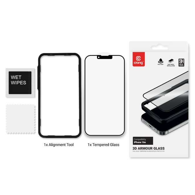 „Crong 3D Armour Glass“ – grūdintas stiklas, skirtas „iPhone 16e“ / „iPhone 14“ / „iPhone 13“ / „iPhone 13 Pro+“ montavimo rėmeliui 9
