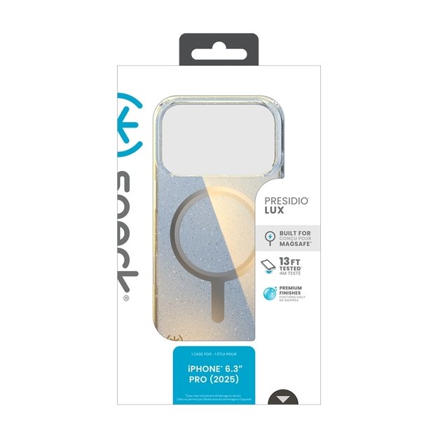 „Speck Presidio Lux MagSafe“ dėklas, skirtas „iPhone 17 Pro“ (hiperveidro blizgesio / metalinio sidabro spalvos) 15