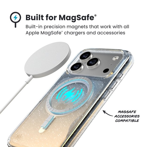 „Speck Presidio Lux MagSafe“ dėklas, skirtas „iPhone 17 Pro“ (hiperveidro blizgesio / metalinio sidabro spalvos) 15